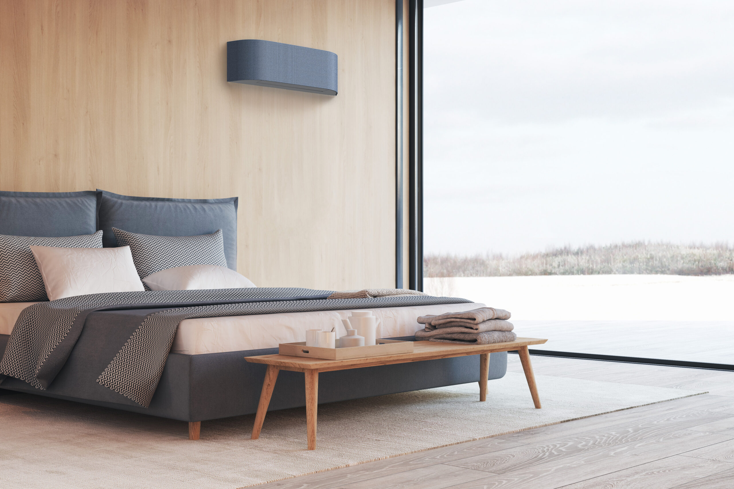 Toshiba Haori grey air-source-heat-pump in living room