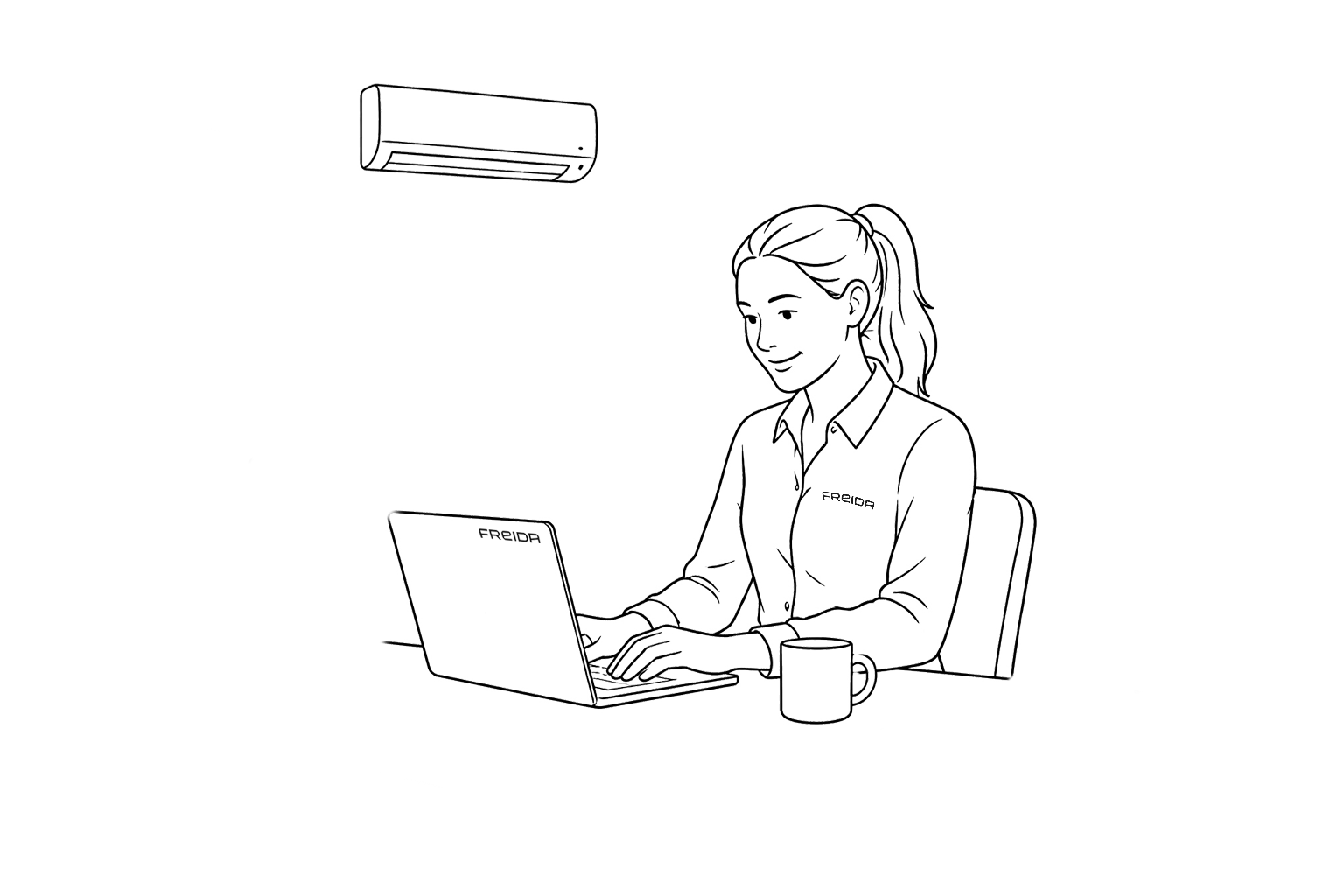 illustraatiokuva, jossa on nainen tietokoneella ja ilmalämpöpumppu takana