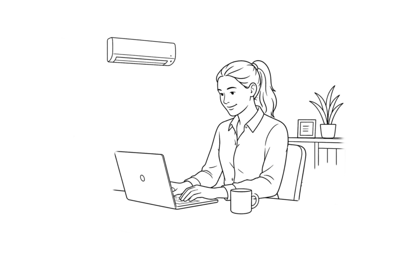 illustraatiokuva, jossa nainen on tietokoneella, ilmalämpöpumppu toimiston seinällä