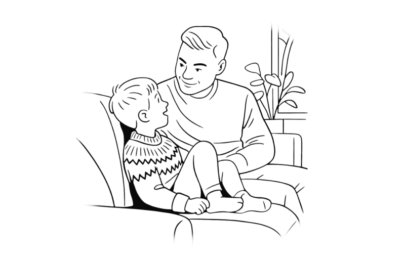 illustraatiokuva, jossa isä ja poika istuu sohvalla