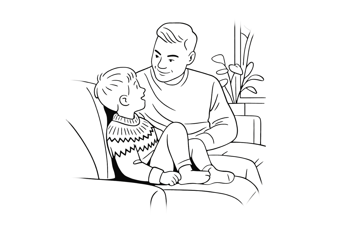 illustraatiokuva, jossa isä ja poika istuu sohvalla
