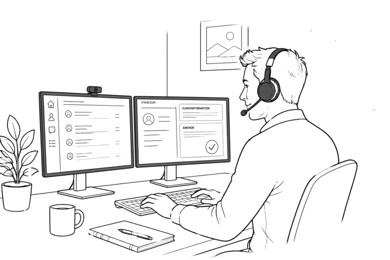 illustraatio, jossa Freida customer care työntekijä auttaa asiakasta