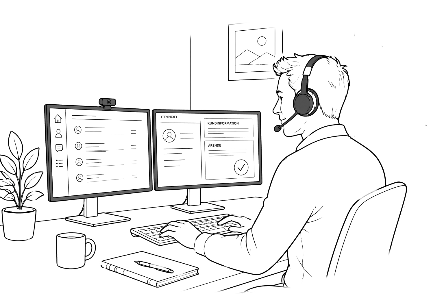 illustraatio, jossa Freida customer care työntekijä auttaa asiakasta