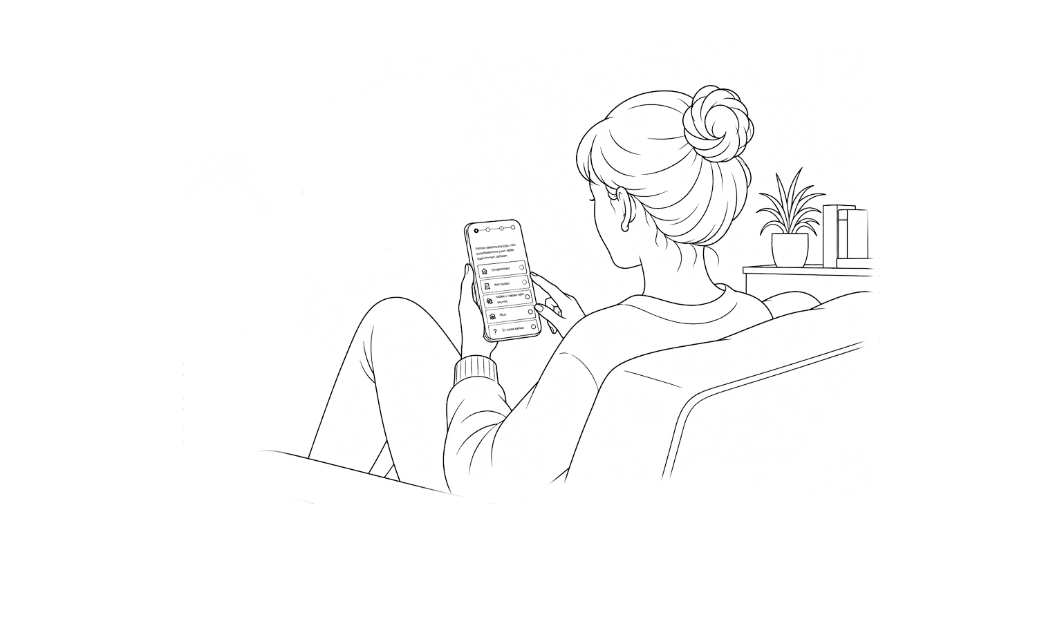 illustraatiokuva, jossa nainen selaa ilmalämpöpumppuja älypuhelimella