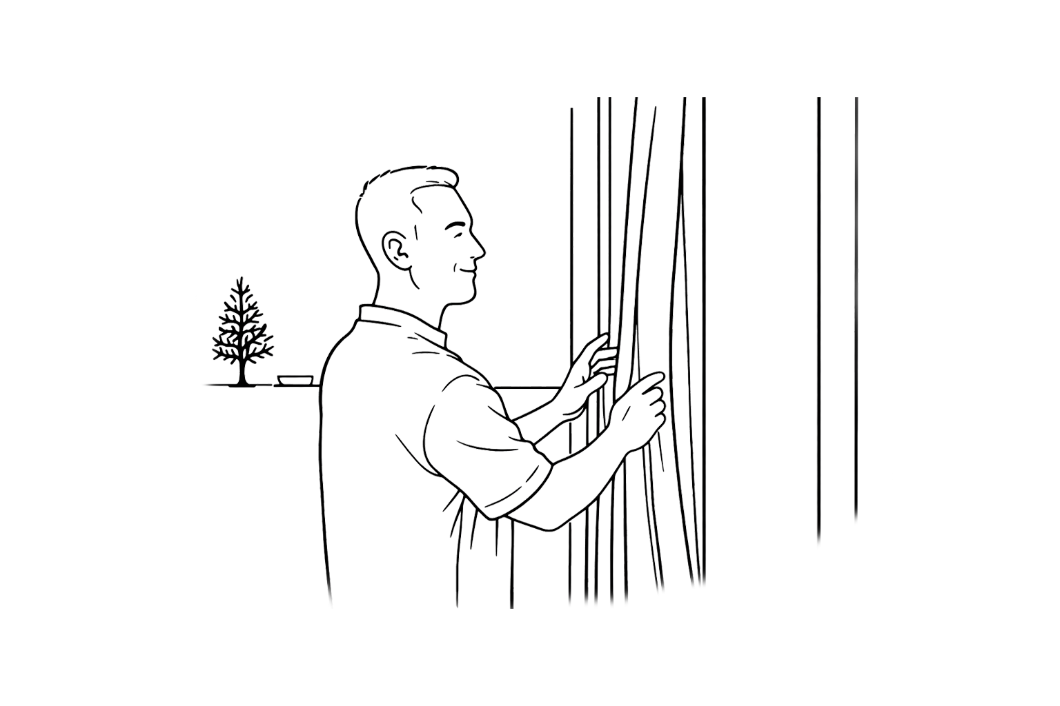 illustraatiokuva, jossa mies avaa verhot aamulla