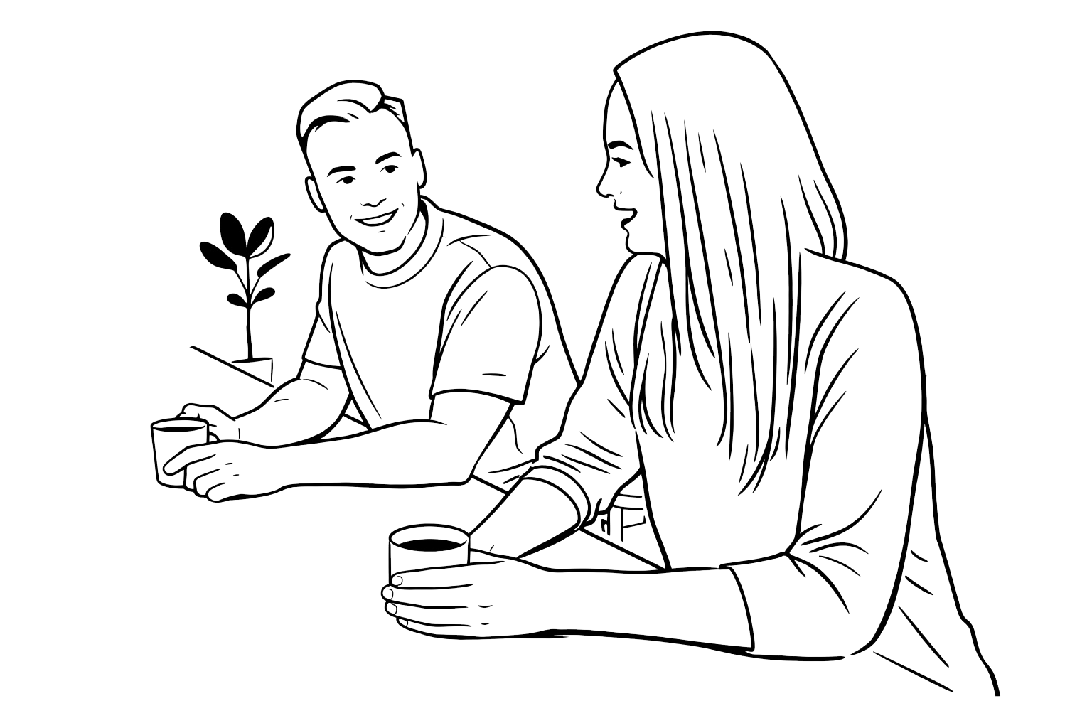 illustraatiokuva, jossa pariskunta juo kahvia keittiössä