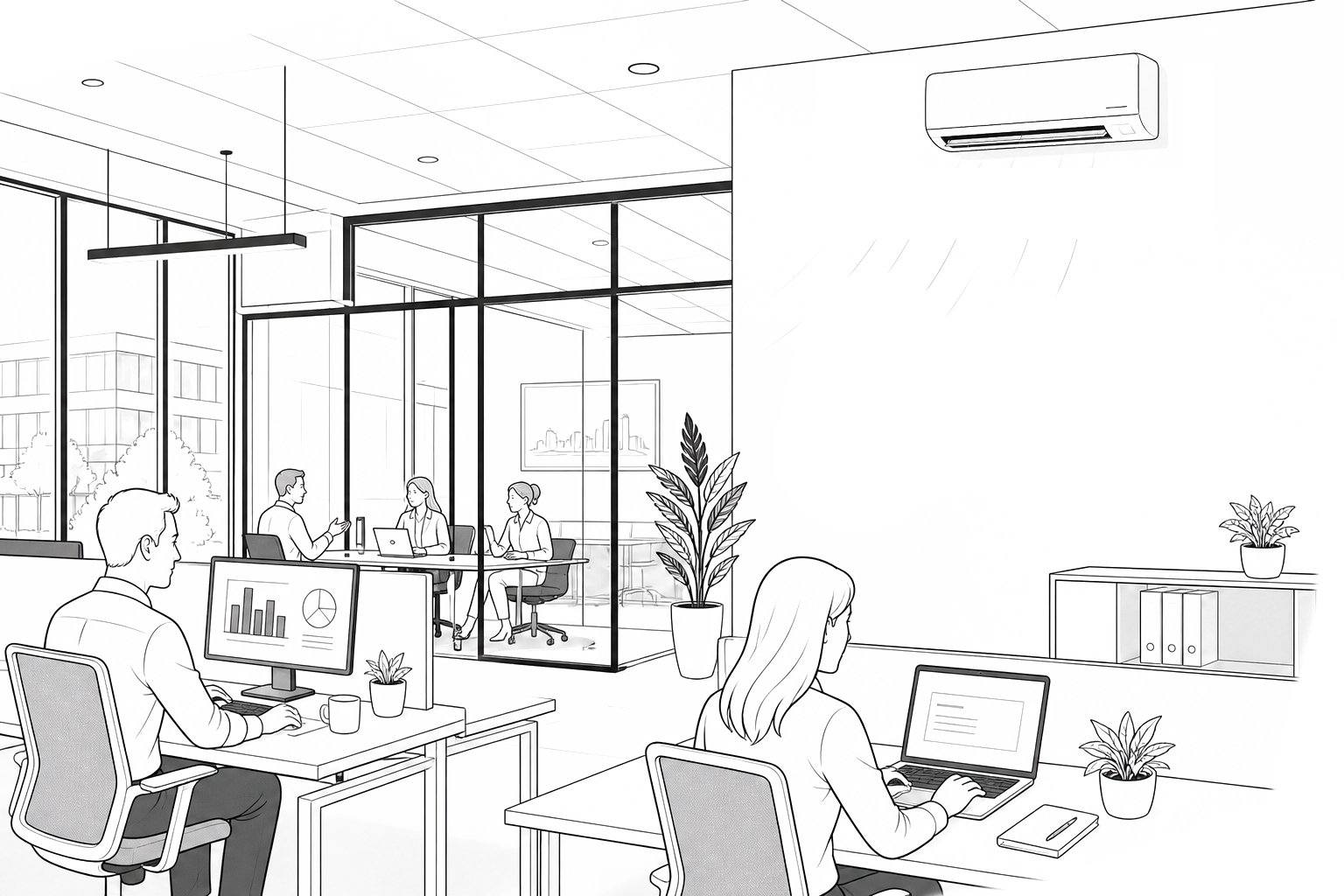 illustraatiokuva, jossa ilmalämpöpumppu viilentää toimistotiloja