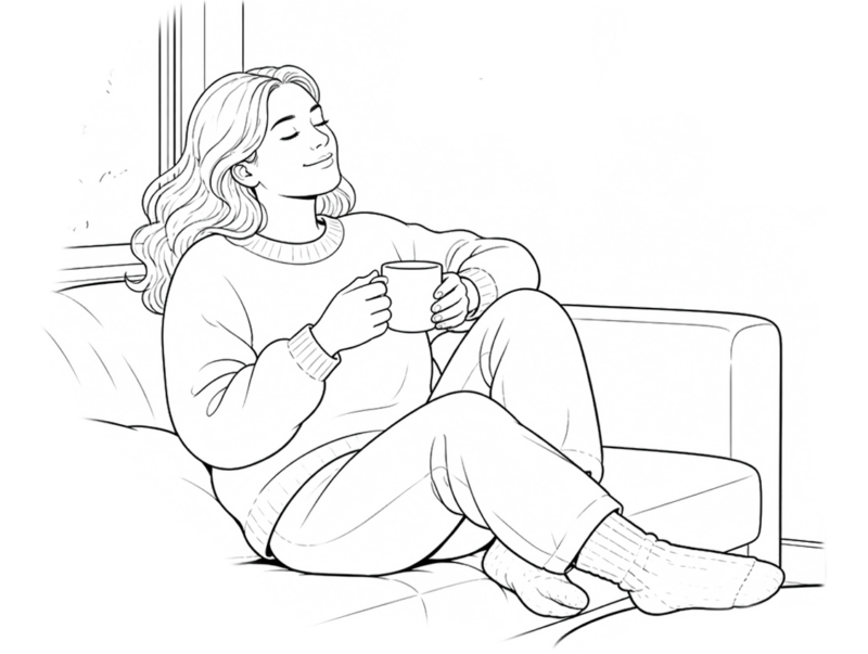 illustraatiokuva, jossa nainen nauttii kahvista ja kodin lämmöstä olohuoneessa
