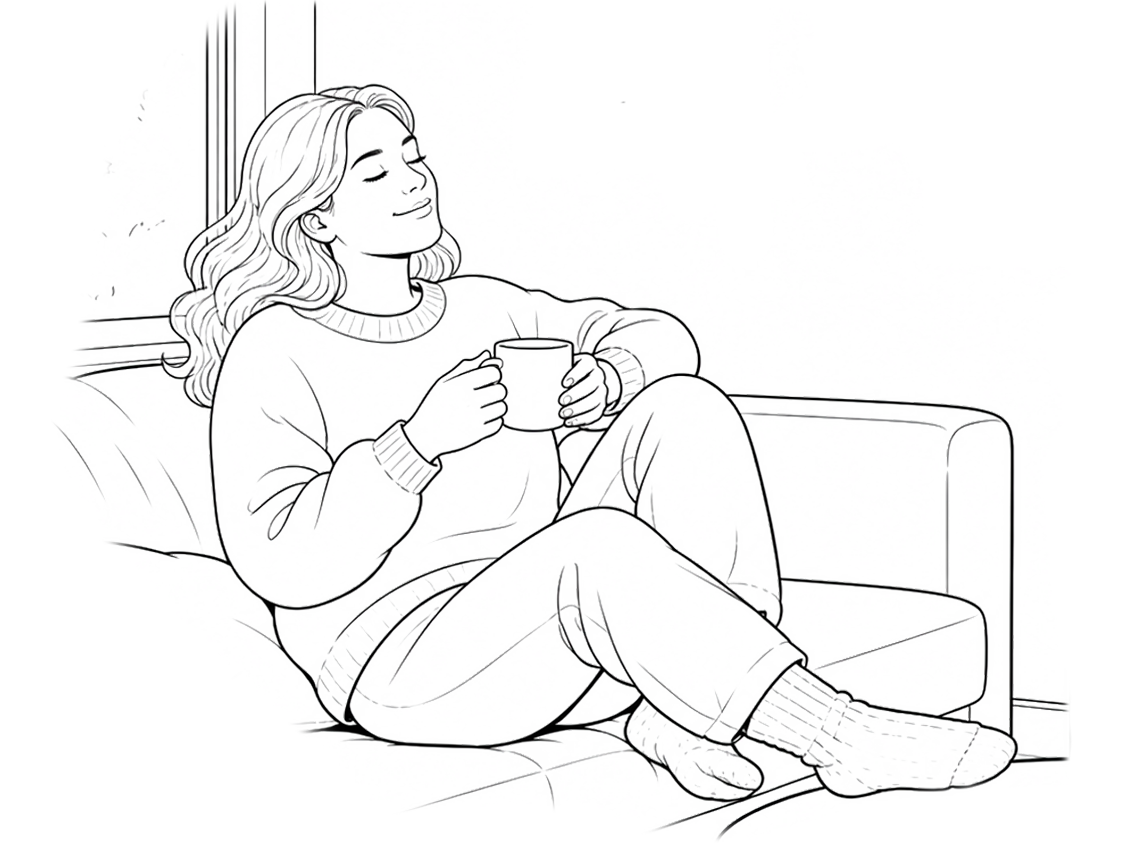 illustraatiokuva, jossa nainen nauttii kahvista ja kodin lämmöstä olohuoneessa