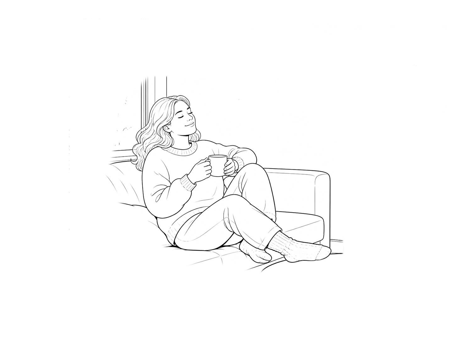 illustraatiokuva, jossa nainen nauttii sohvalla kodin mukavuudesta kahvikuppi kädessä