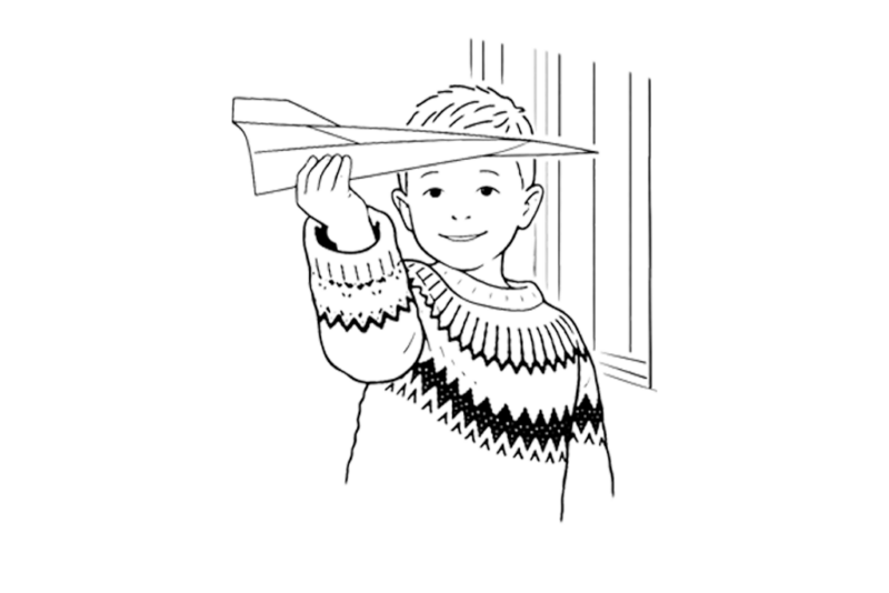 illustraatiokuva, jossa poika pitää paperilennokkia kädessä