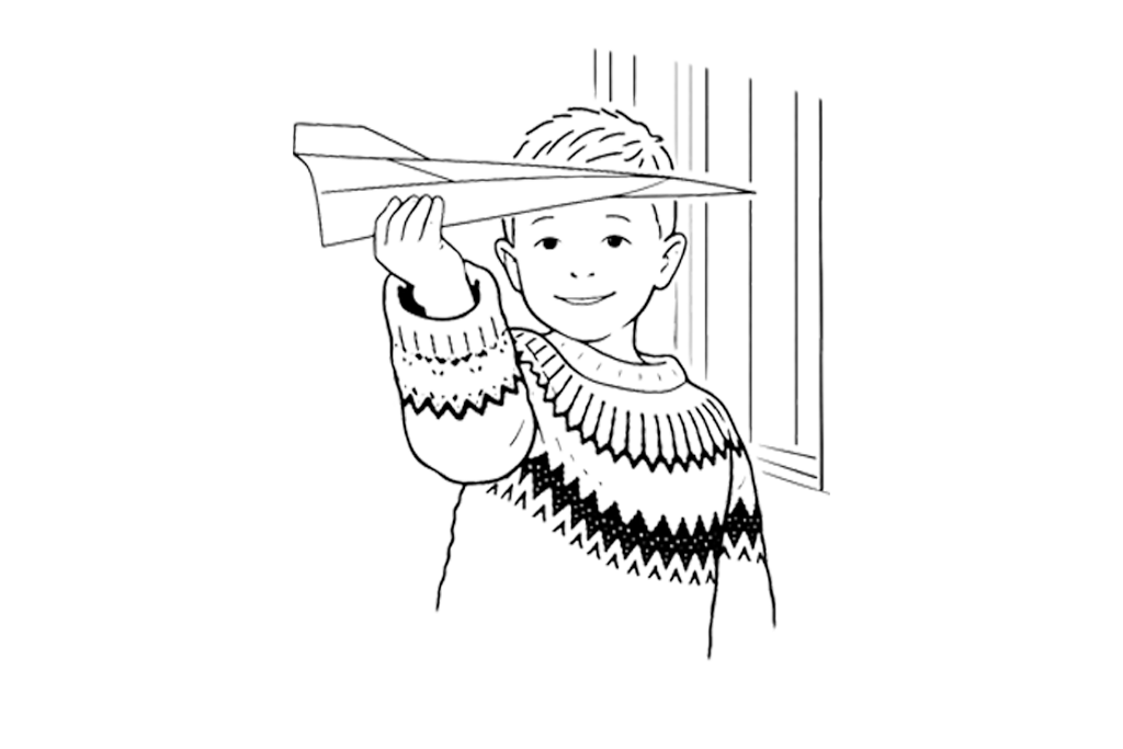 illustraatiokuva, jossa poika pitää paperilennokkia kädessä