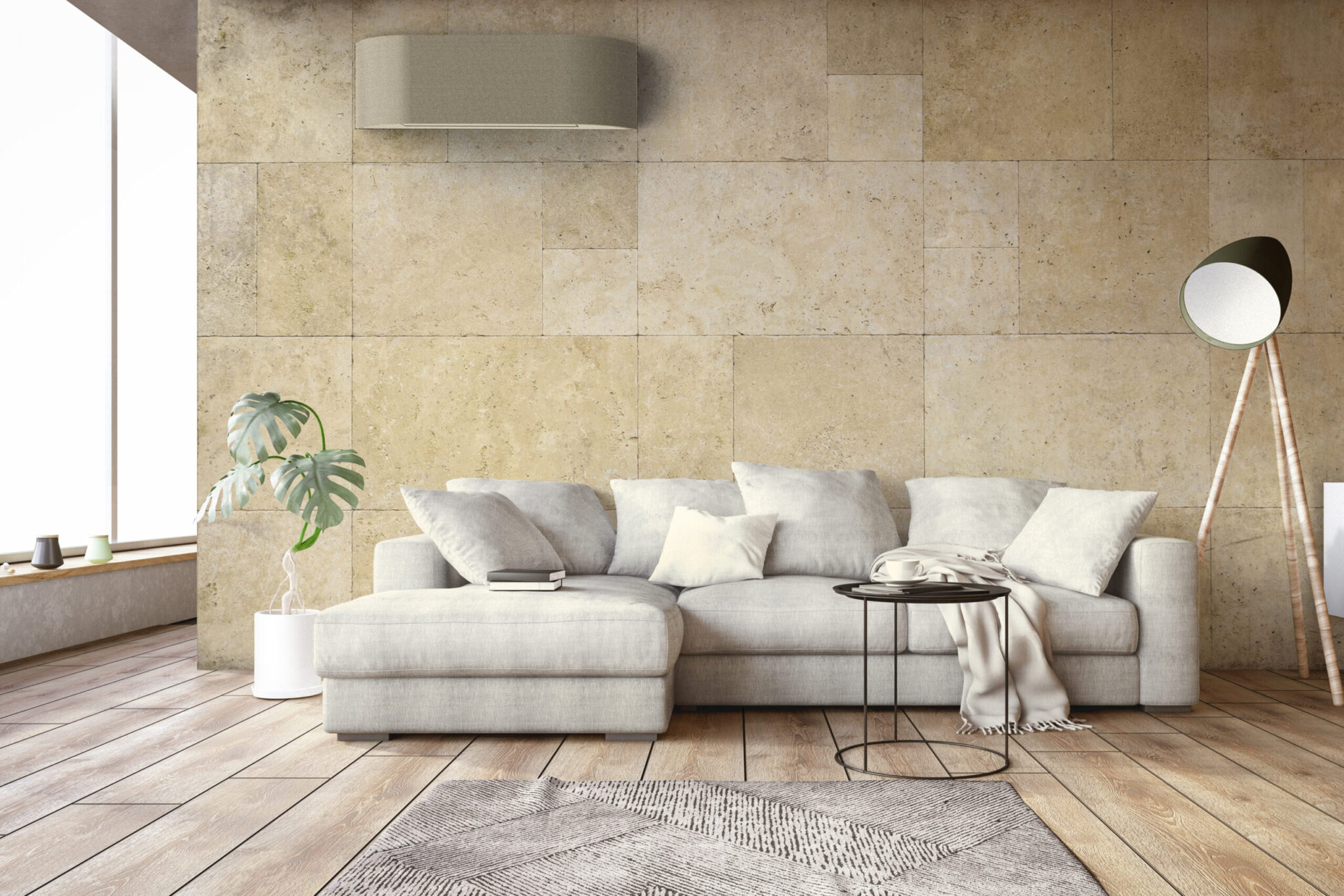 Toshiba Haori i beige – en elegant luftvärmepump med tygklädd design.