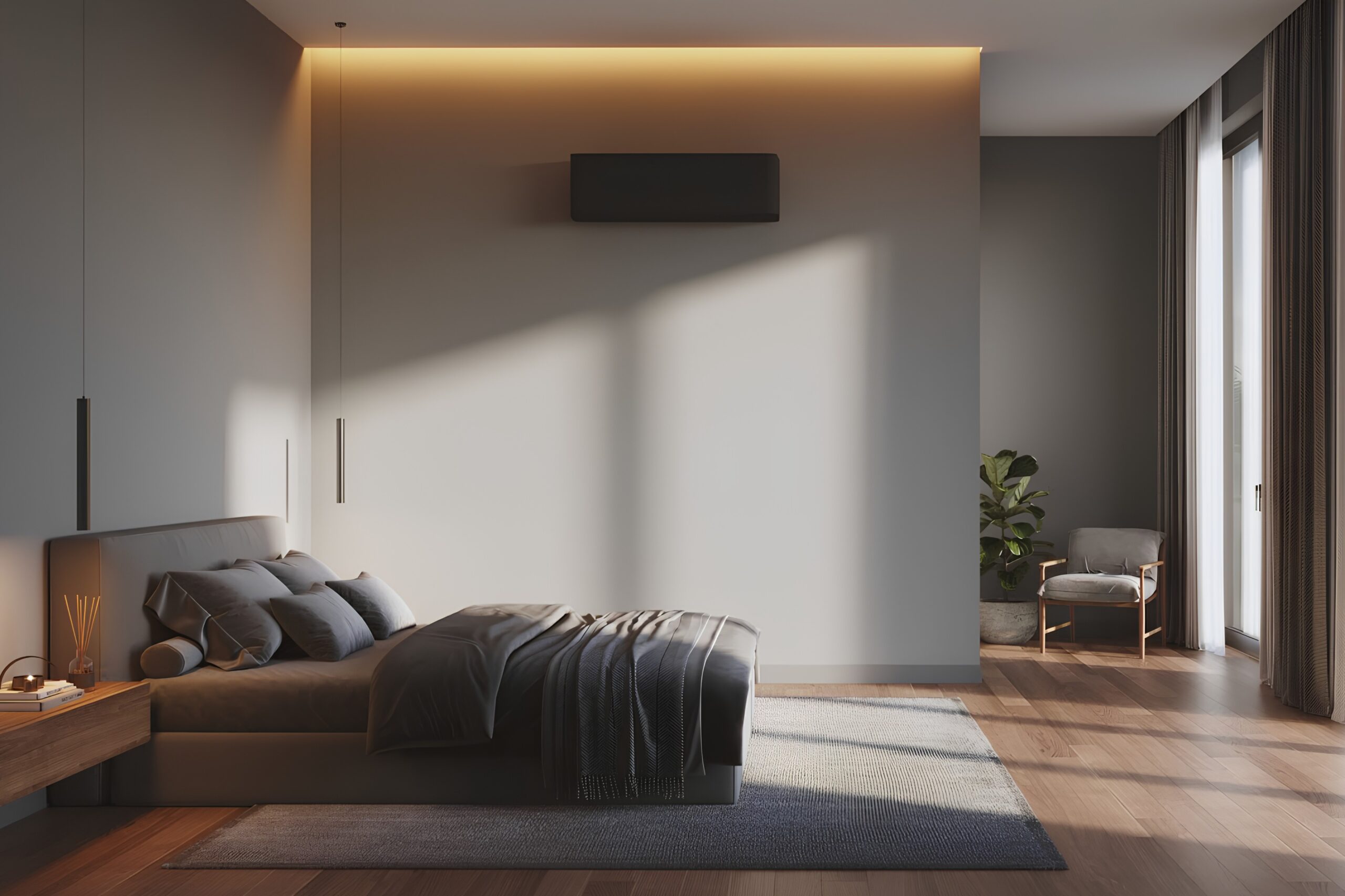 Väggmonterad Toshiba Shorai Curve i svart – design möter funktion i sovrummet.